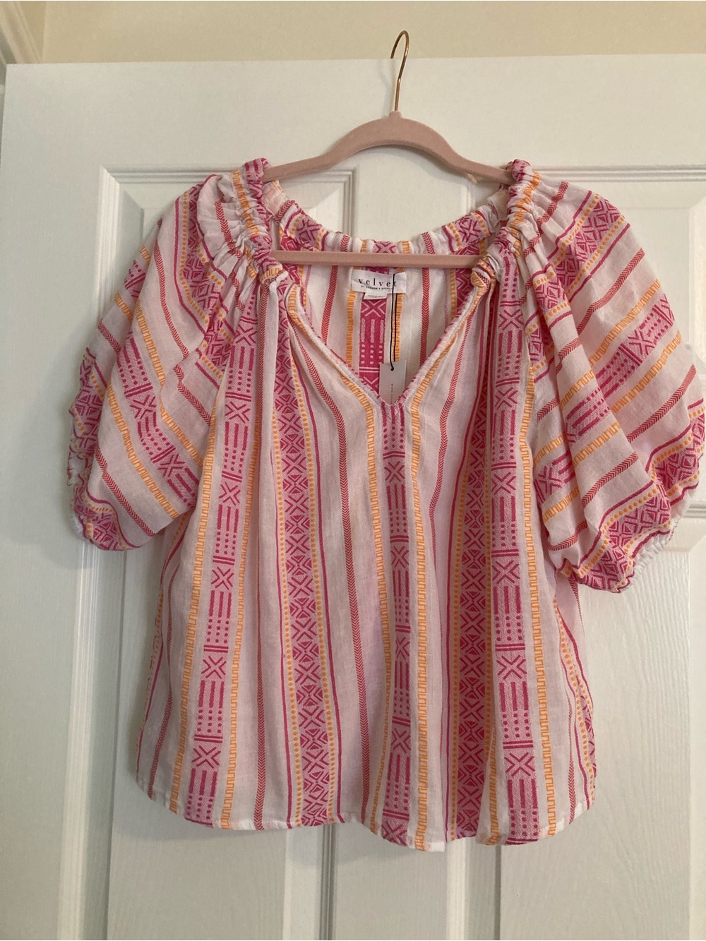 NWT Velvet Graham Spencer Pink Orange White Stripe Short Sleeve Blouse XS